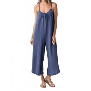 Z Supply Worn Blue Textured Flared Jumpsuit Spaghetti Straps Women Size Large